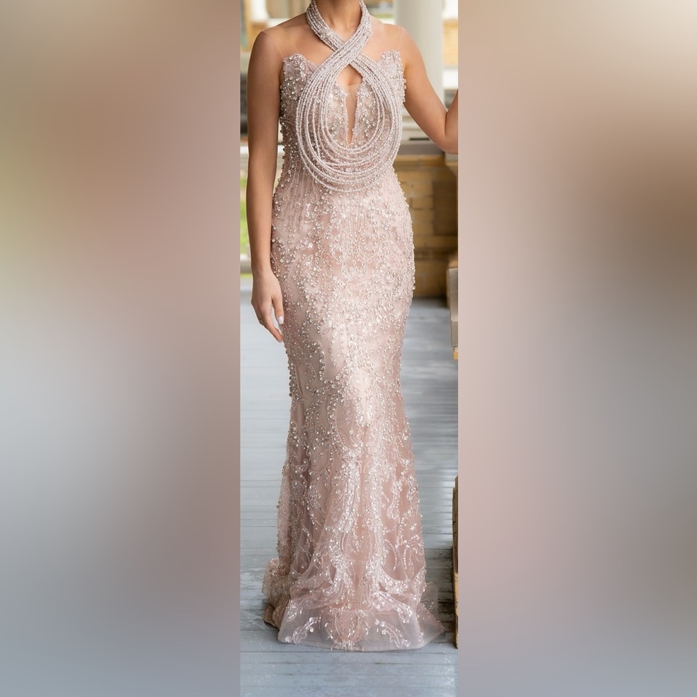 Elegant Beaded Halter Engagement Gown